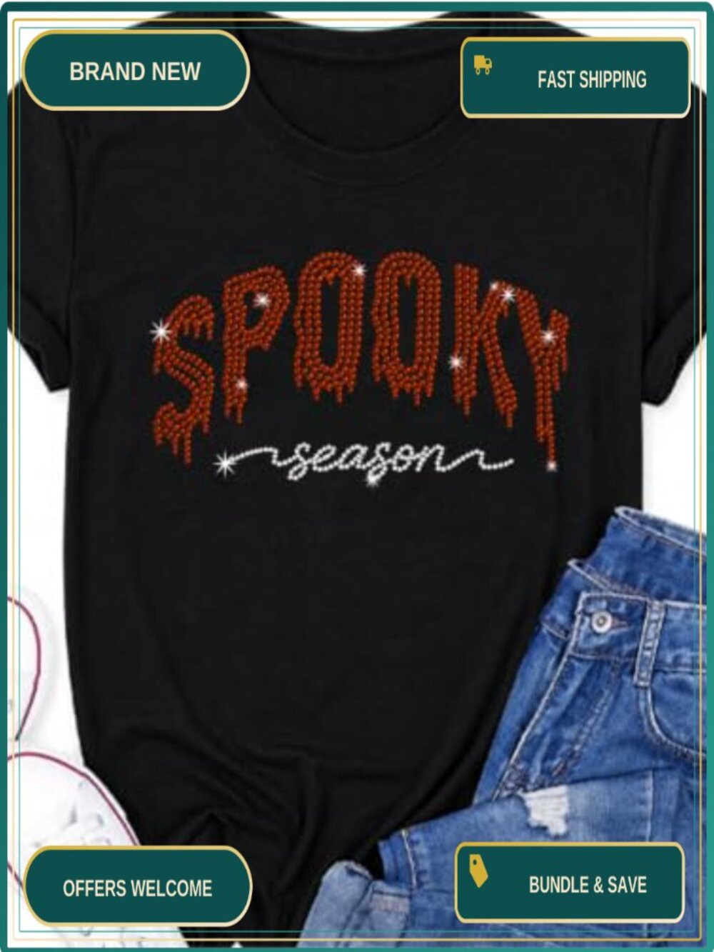 Spooky Season Rhinestone Graphic T-Shirt Cotton Blend Crew Neck